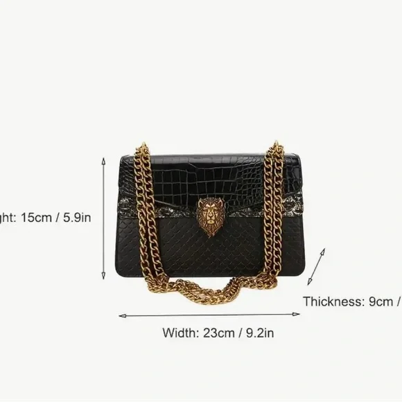 Unbranded Elegant Black Snake-Print Bag w/  Golden Lion Head & Golden Chain-NIP - Picture 5 of 16